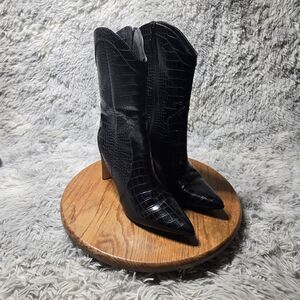 Chinese Laundry Women Siz 10 Black Faux Leather Croc Print Zip Midcalf Heel Boot